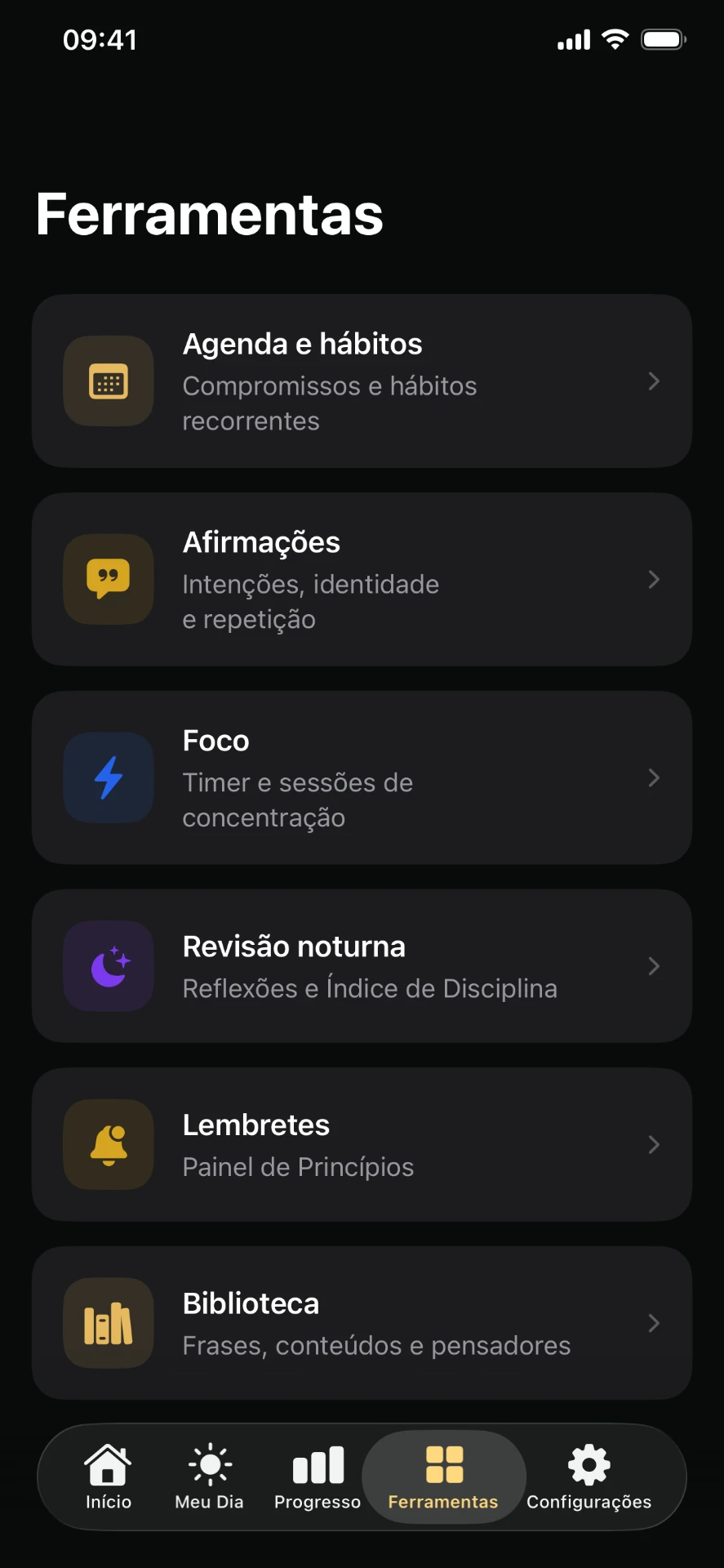 Tela de ferramentas do Foco Estoico